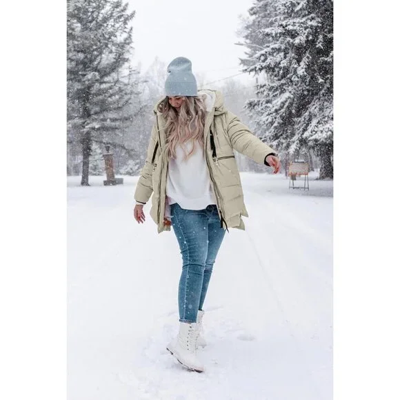 Women's Thickened Beige Clothing Down Vest Jacket Warm Fleece Lined Hood Coat